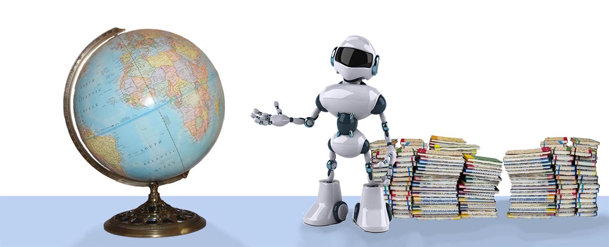 A robot and globe being used for AI for tourism and travel