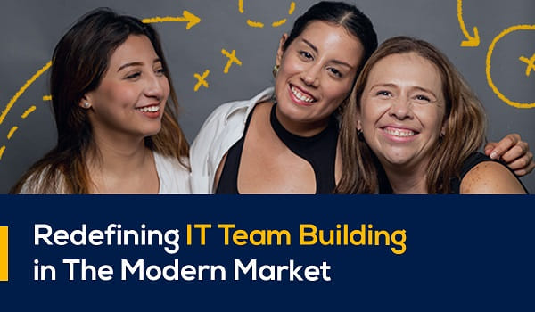 Three happy staff as part of a redefining IT Team Building in the modern market workshop