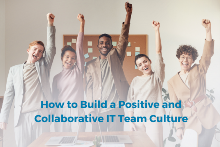 Five staff raise the fists in triumph to display a positive IT team culture