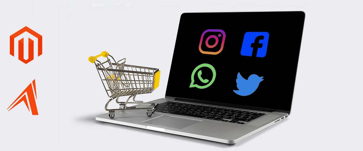 A shopping cart resting on a laptop with four social media icons on the screen